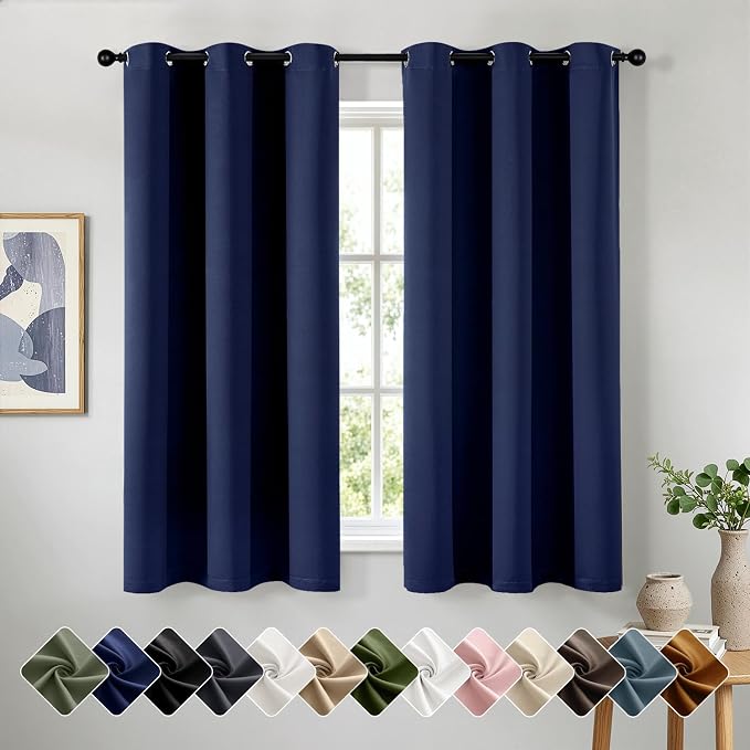 Short Navy Blue Blackout Kitchen Curtain W40 x L54 Inch 2 Panels | Thermal by Woaboy