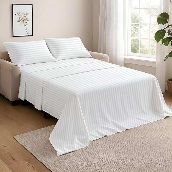 NON Sticky cotton Full Size Sleeper Sofa Sheets, 4 Piece Egyptian Cotton Bed Sheet Set for Sofa Bed, 8" Deep Pocket for Pull Out Couch Mattress, 54" x 75", White Stripe, Soft & Breathable