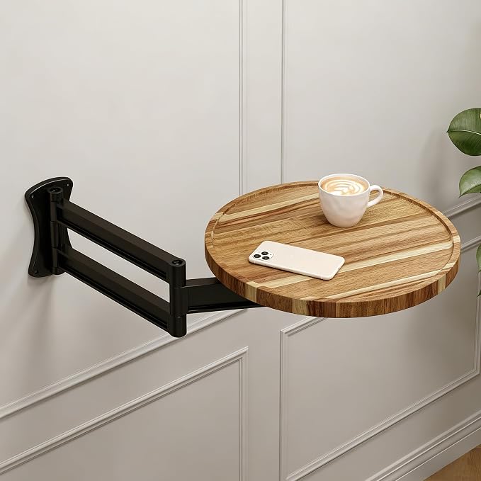 Wall Mounted Folding Table, Round Wood Tabletop by Home