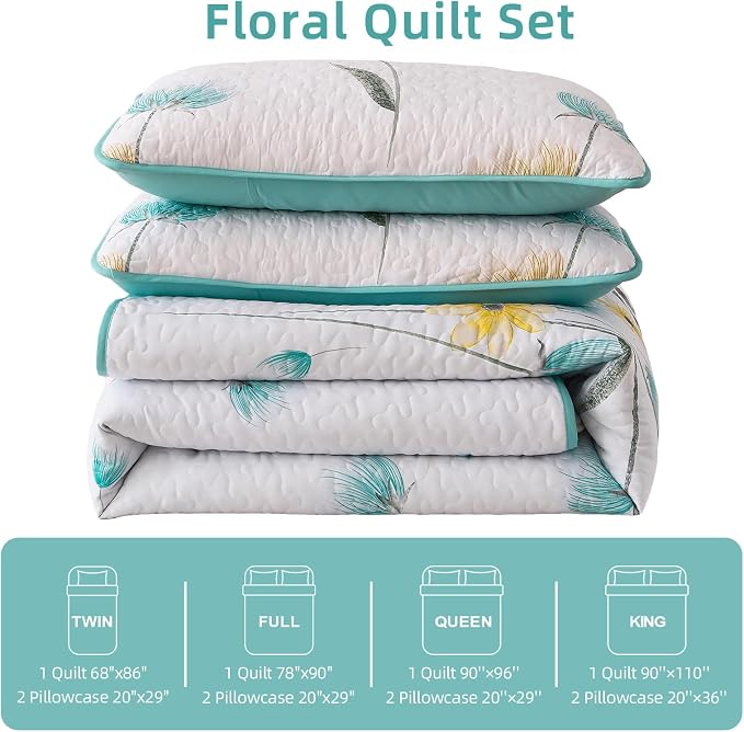 Dinjoy Aqua Quilt Set Full, Floral Botanical Bedspread - Image 7