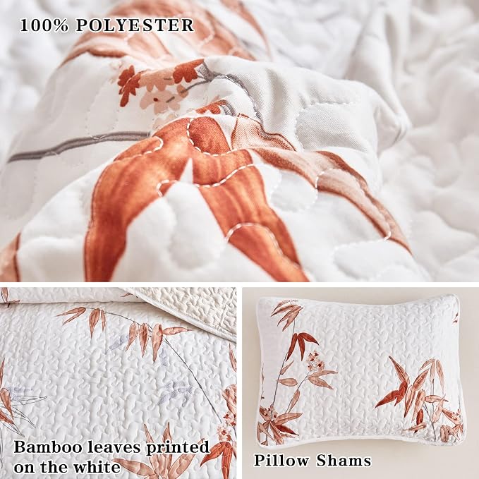 Botanical Quilt Set 2 Pieces Twin Size, Burnt Orange Leaves Printed on White - Image 6