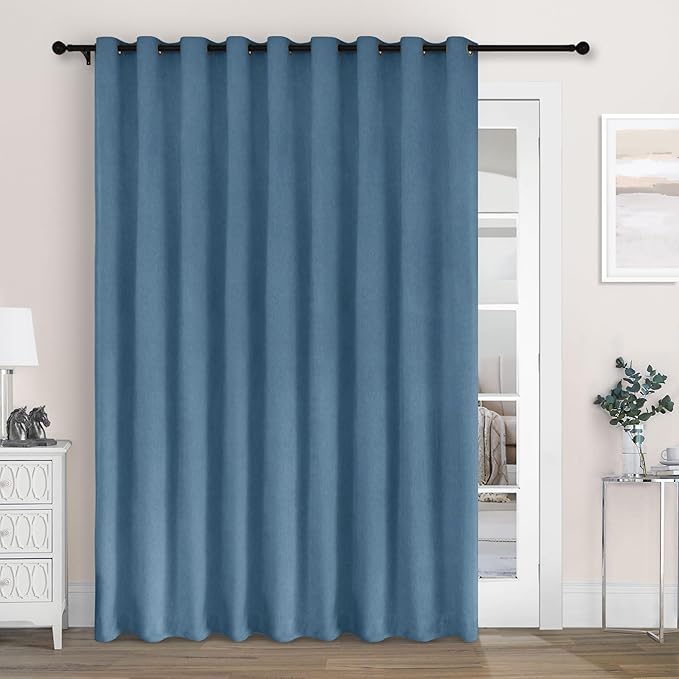 Macochico Extra Wide 100% Blackout Chenille Curtains 100" Wx102 L Thermal Curtains for Sliding Door Room Divider Living Room Bedroom Hotel Ashtray Blue Blackout Curtains Grommet with Tieback 1 Panel