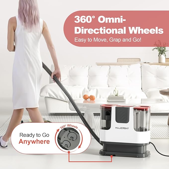 Upholstery Carpet Cleaner, MUJERBAY 12Kpa Portable Spot & Stain Cleaner Shampooer, Move with Universal Wheels & Handle, 1.18-inch Deep Cleaning Machine for Couch, Stairs, Car & Messes.