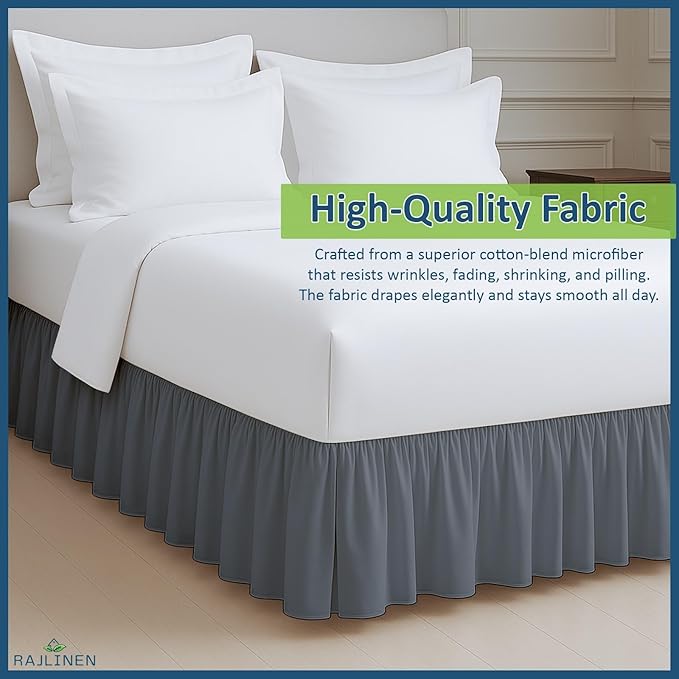 Rajlinen Ruffled Bed Skirt Queen, 16 Inch Drop Dust Ruffle with Split Corners, 100% Microfiber Bedskirt with Platform, Three-Sided Coverage Ruffled Gathering Design, Dark Grey