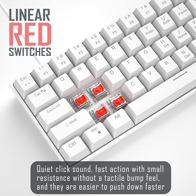 Camiysn 60% Mechanical Gaming Keyboard, White Gaming Keyboard with Red Switches, Detachable Type-C Cable Mini Keyboard with Blue LED Light for/PC/Laptop