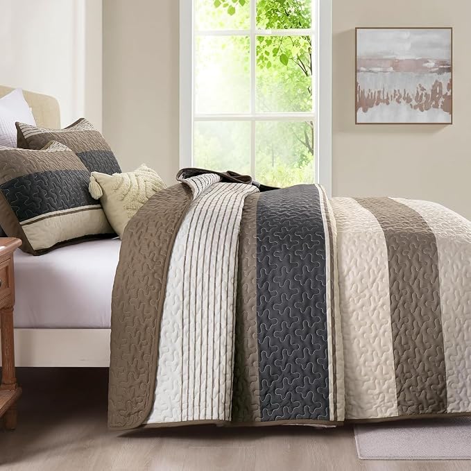 Dinjoy Full Boho Striped Quilt Set, alck White Lightweight Bedspread | Soft - Image 4