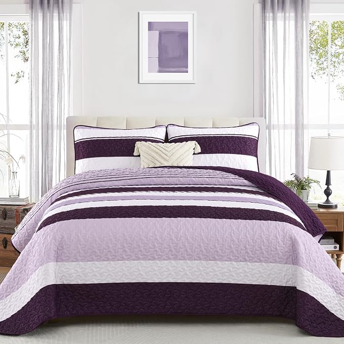 Dinjoy Queen Boho Striped Quilt Set, Breathable All-Season, 3-Piece Set Fits by DINJOY