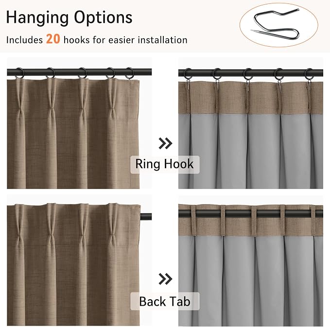 Pinch Pleated Full Blackout Faux Linen Curtains 96 Inches Long | Linen Brown - Image 3