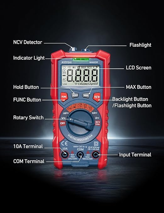 AstroAI Multimeter Tester, TRMS 4000 Counts Volt Meter Auto-Ranging Ohmmeter Digital 1.5v/9v/12v Battery Voltage Tester Measure Voltage Current Resistance Diodes Continuity Capacitance with NCV