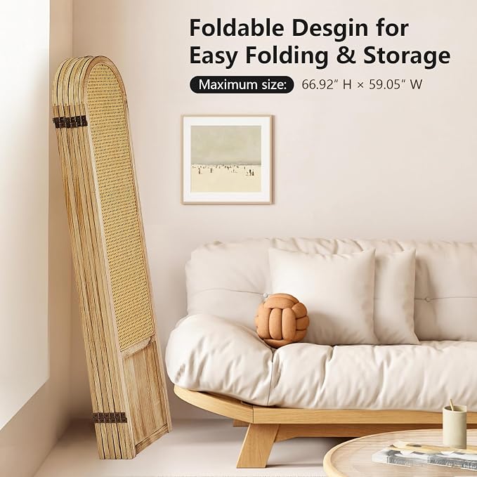 Rattan Room Divider, 6 Panel Folding Room Screen Divider, Natural | Woven - Image 5
