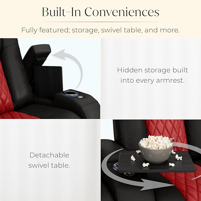 Seatcraft Diamante Zero-Gravity CoolZero Italian Leather Home Theater Seating, Power Headrest, Power Recline, Row of 4 Dual Loveseats, Black/Red