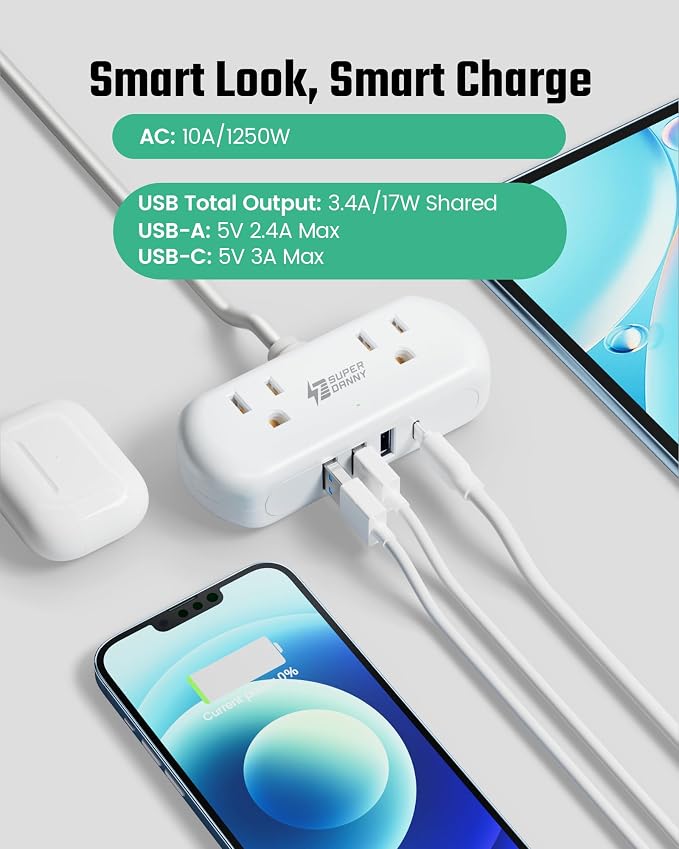 SUPERDANNY Mini Surge Protector, 2 Wide-Spaced Outlets Power Strip - Image 5