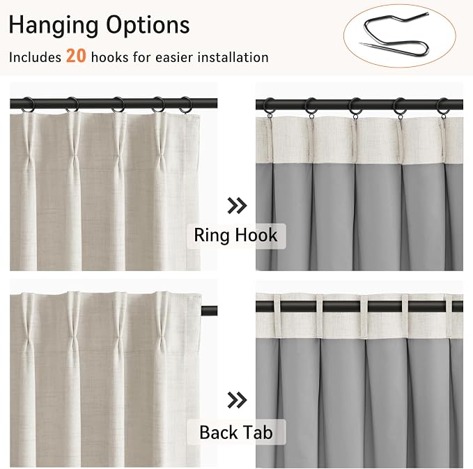 Pinch Pleated Full Blackout Faux Linen Curtains 96 Inches Long | Beige - Image 3