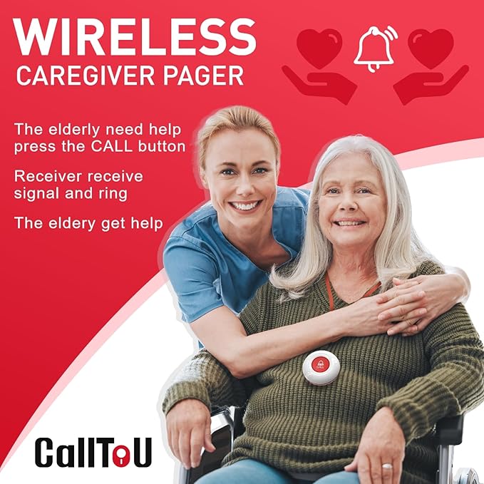 CallToU Caregiver Pager Wireless Call Button Nurse Alert System 500+ Feet for Home/Elderly/Patient/Disabled 2 Plugin Receiver 1 Waterproof Transmitter
