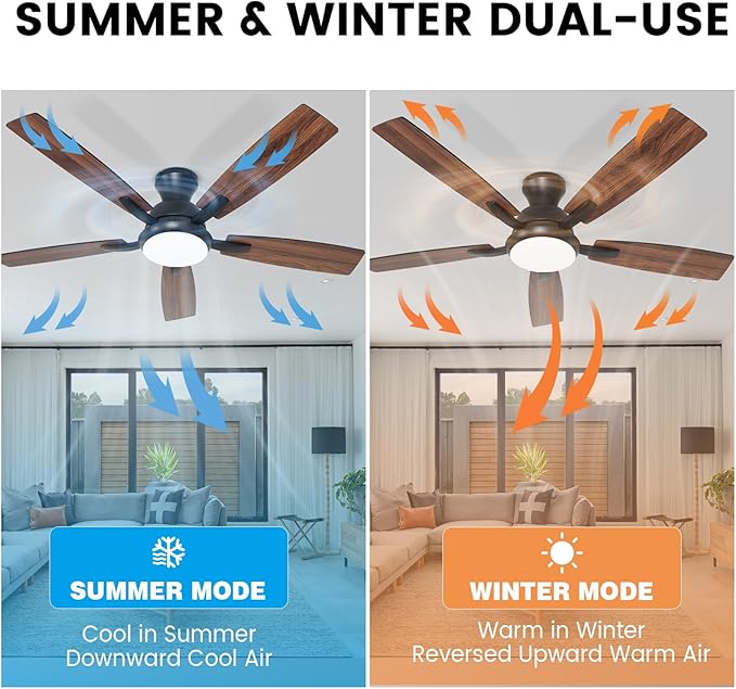 revoici Ceiling Fans with Lights, 52 Inch Black and Brown Wood Ceiling Fan, 6 Speed and Reversible DC Motor, Modern 5 Blade Low Profile Flush Mount Ceiling Fan for Living Room, Outdoor Patio