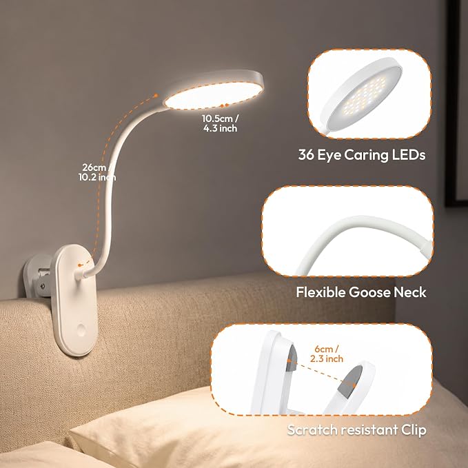Clip on Light, Stepless Dimmable & 3 Colors Touch Control Clip On Bed Light. - Image 4