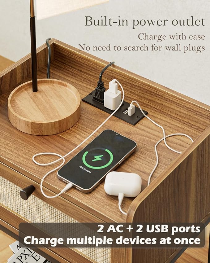 Nightstand with Charging Station, 3-Tier Bedside Table - Image 3