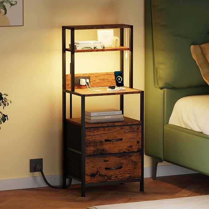 Nightstands Set of 2 with Charger Station, 39.4"Tall Bedside Table | RGB LED - Image 2