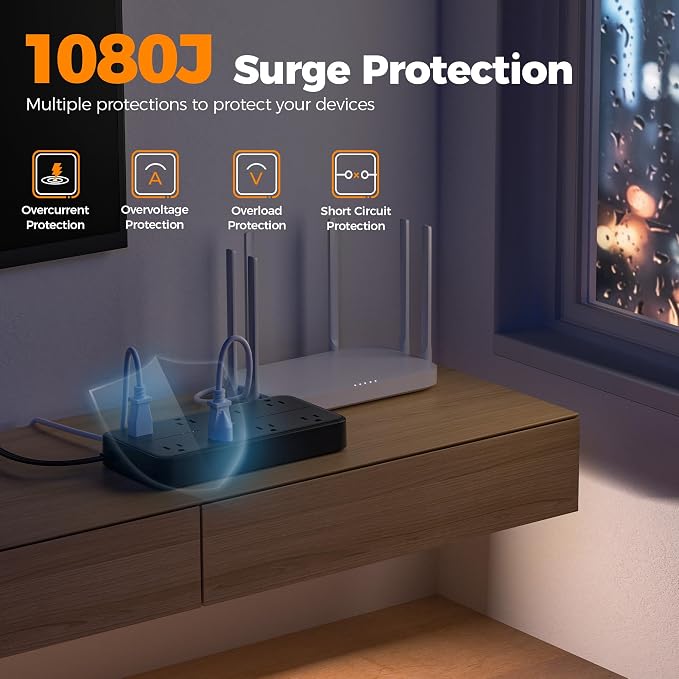 TESSAN Power Strip Surge Protector, 15FT Flat Plug Extension Cord | 8 Outlets 3 - Image 5