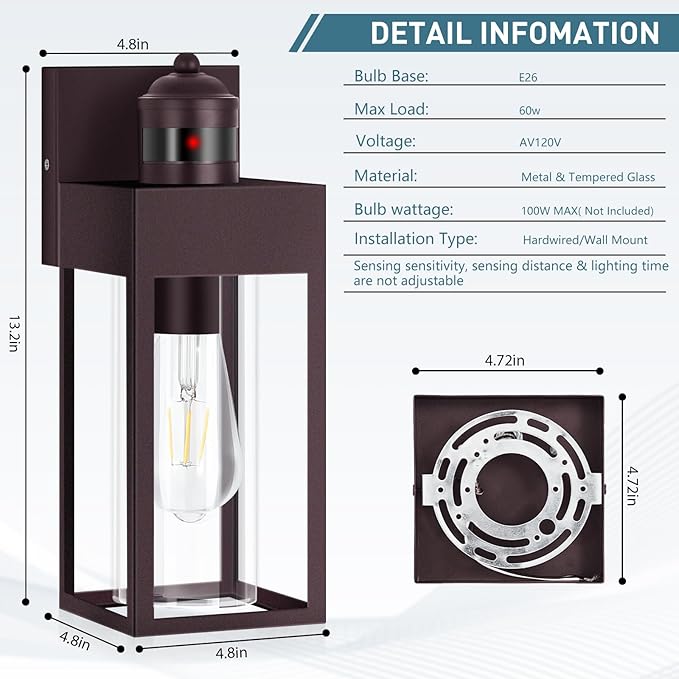 LWSOY Motion Sensor Outdoor Wall Lanterns 2 Packs, Dusk to Dawn Exterior Light Fixture, 3 Lighting Modes, Waterproof Front Porch Lights for Garage Patio Garden House Entryway, Bronze.