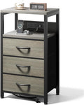 Lazzanto Night Stand with Charger Station, 3 Fabric Drawers, Bedside Table by Lazzanto