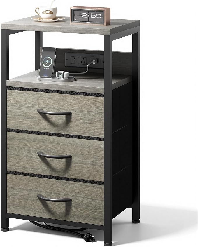 Lazzanto Night Stand with Charger Station, 3 Fabric Drawers, Bedside Table by Lazzanto