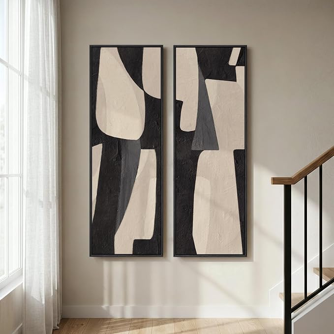 Framed Black Beige Abstract Long Vertical Wall Art - Image 4