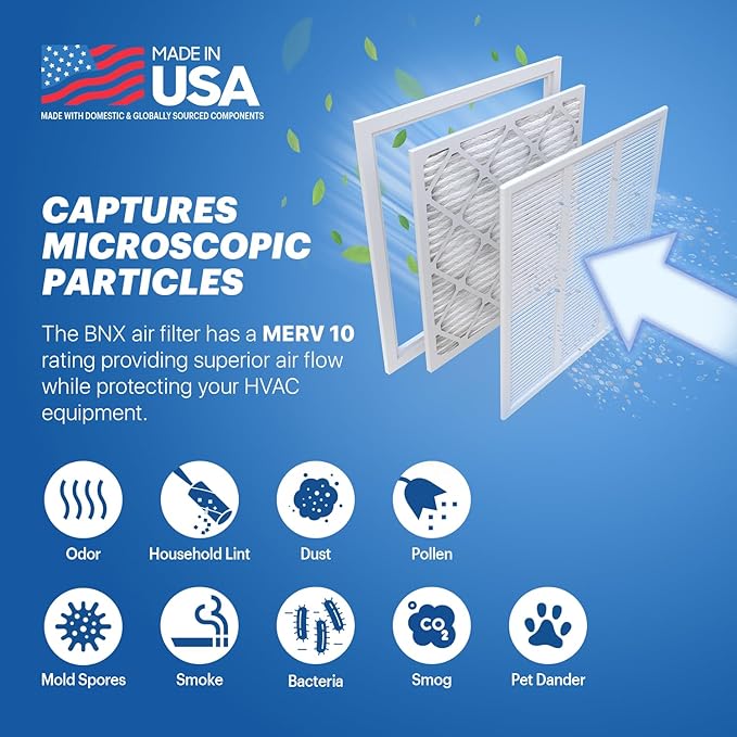 BNX TruFilter 12x12x1 MERV 10 (2-Pack) AC Furnace Air Filter - MADE IN USA - Pleated Air Conditioner HVAC AC Furnace Filters - Removes Odor, Mold, Bacteria, Smoke