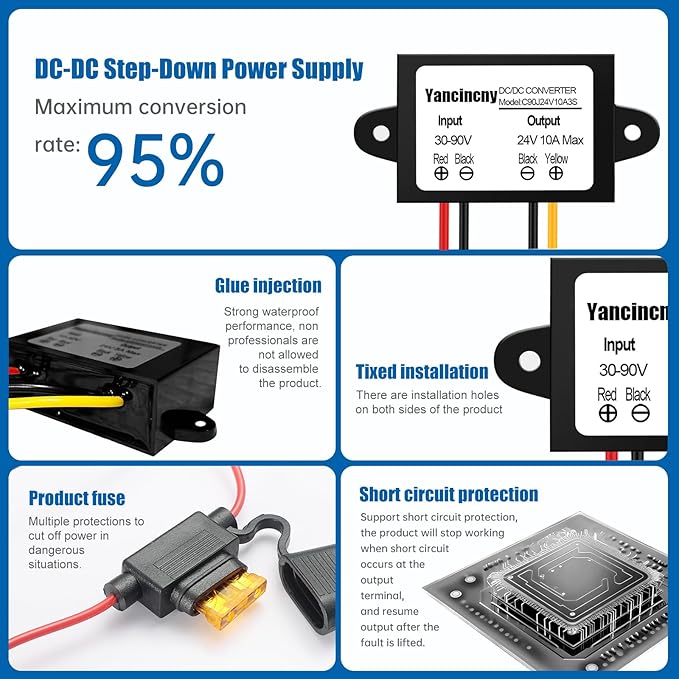 Yancincny 24V 10A 240W DC-DC Buck Converter 30V-90V to 24 Volt 10A Transformer - 36V 48V Step Down to 24V Waterproof Power Supply for Truck/RV/Marine/Solar - Overload and Short Circuit Protection