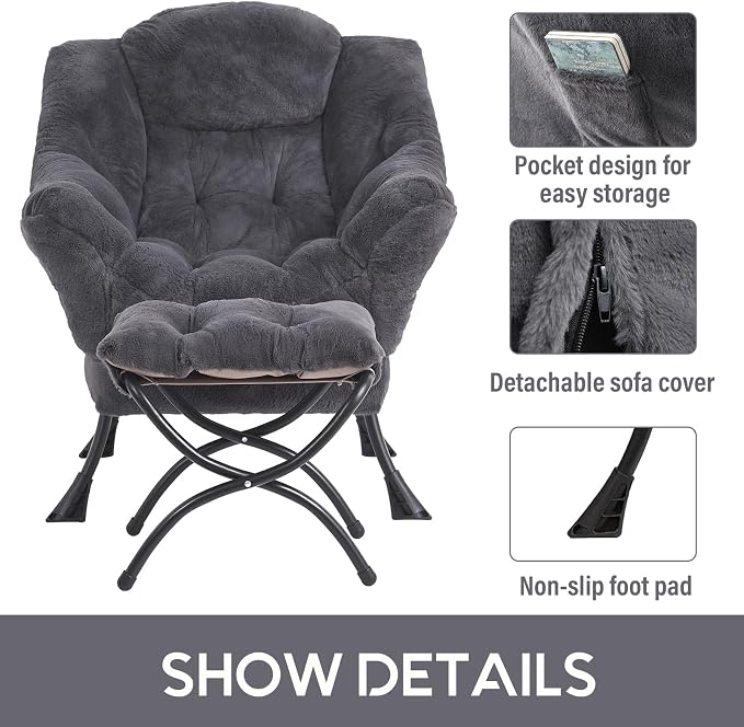 Lazy Chair with Ottoman, Comfy Accent Reading Chair, Plush Navy | Foldable - Image 6