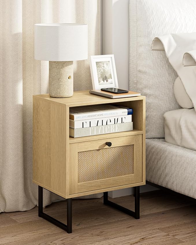 Masupu Rattan Nightstand, Modern Boho Farmhouse Wood Bedside Table by Masupu