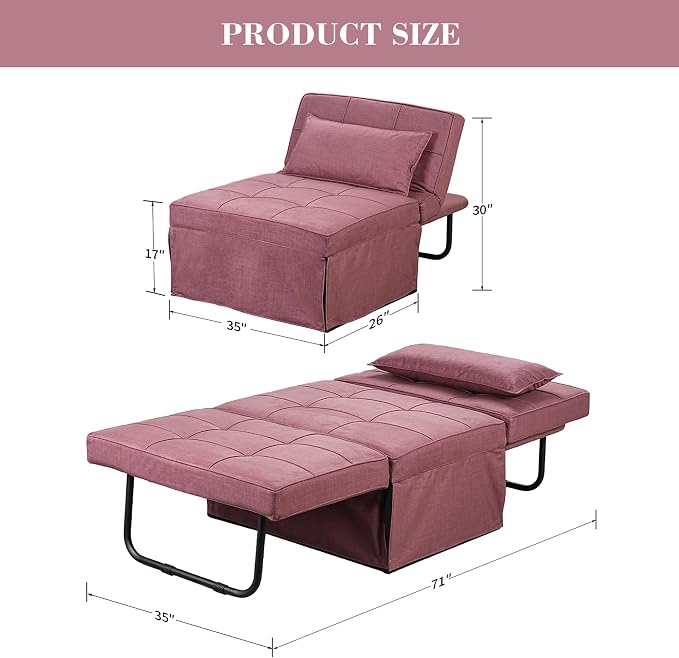 Pink Sofa Bed, 4 in 1 Convertible Chair Multi-Function Folding Ottoman Guest Bed - Image 2