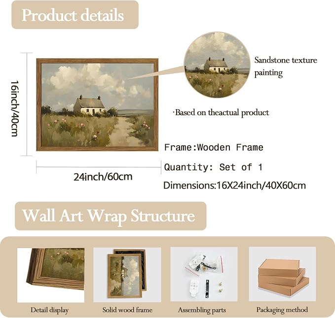 Vintage Farmhouse Wall Art, Country Cottage Wall Decor Paintings, Framed 3D - Image 2