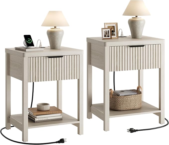 Night Stand Set 2, Fluted Wood Nightstands w/Charging Station by Lulive