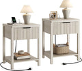 Night Stand Set 2, Fluted Wood Nightstands w/Charging Station by Lulive
