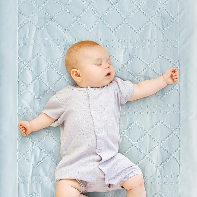 Wowelife Mini Crib Bedding Set for Girls, 3 Piece Tufted Jacquard Ruffle Fringe Baby Girl Crib Bedding Set Newborn, Infant & Nursery with Comforter, Crib Fitted Sheet and Crib Skirt, Blue