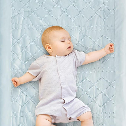 Wowelife Mini Crib Bedding Set for Girls, 3 Piece Tufted Jacquard Ruffle Fringe Baby Girl Crib Bedding Set Newborn, Infant & Nursery with Comforter, Crib Fitted Sheet and Crib Skirt, Blue