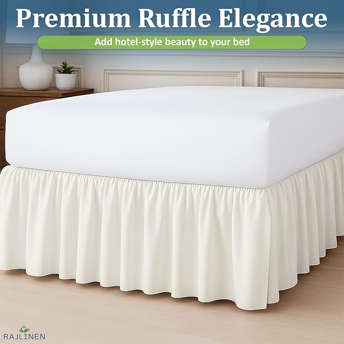 Rajlinen Ruffled Bed Skirt King, 10 Inch Drop Dust Ruffle with Split Corners, 100% Microfiber Bedskirt with Platform, Three-Sided Coverage Ruffled Gathering Design, Ivory