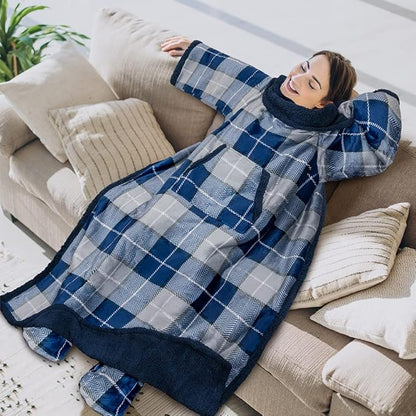 PAVILIA Sherpa Blanket with Sleeves, Foot Pocket for Women Men Adults, Thick Wearable Blanket Throw Wrap, Fleece Warm Snuggle Blanket Robe, Cozy Gift Ideas Wife Mom, Plaid Blue