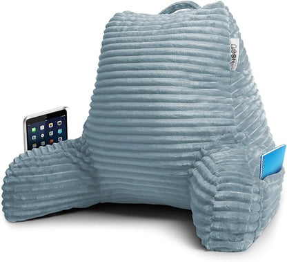Nestl Reading Pillow with Shredded Memory Foam, Luxe Cut Plush Back Pillow for Sitting Up in Bed, Back and Arms Adjustable Support for Adult & Teens, Backrest Pillows with Washable Cover Stone Blue