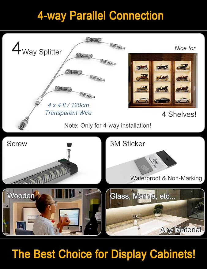 EBD LED Under Shelf Lights, 4-Way Parallel Light Bar, 12-Panel Cabinet Lighting, 6500K 5400Lm Counter Lights with Slack-Free Wiring, Maximized for Spacious 4-Layer Showcase, Bookcase & Storage Rack