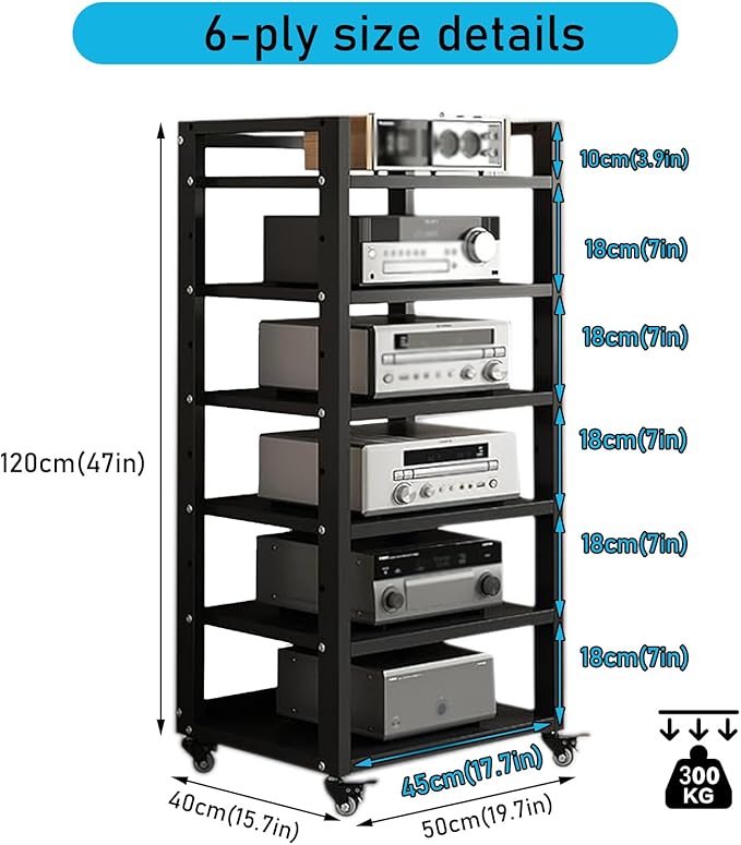 Dernoing 6 Tier Audio Rack Tower, CD Record Player Stereo Receiver AV Equipment Cabinet Display Rack, Weight Capacity 661 lbs, with Adjustable Wooden Shelves for Home (6 Tier Black)