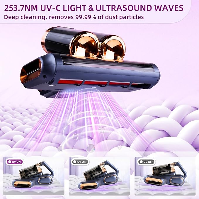 BESTING Mattress Vacuum Cordless with 16Kpa Suction & HEPA Dust Cups, 253.7nm UV-C Light & Ultrasonic, Low Noise Widened Suction Port Handheld Vacuum for Bed Pillows Couch Car Seat Rugs, Deep Blue