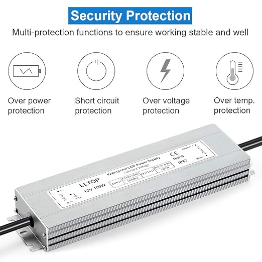 LLTOP LED Driver 100 Watts Waterproof IP67 Power Supply AC100-264V to 12V DC 8.3A Low Voltage Transformer Ultra Thin Adapter for Outdoor LED Lights, Computer Project