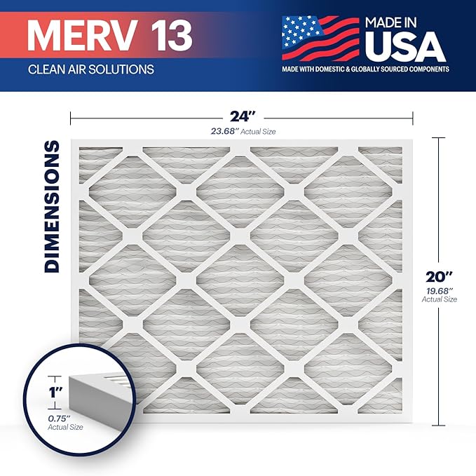 BNX TruFilter 20x24x1 Air Filter MERV 13 (4-Pack) - MADE IN USA - Electrostatic Pleated Air Conditioner HVAC AC Furnace Filters for Allergies, Pollen, Mold, Bacteria, Smoke, Allergen, MPR 1900 FPR 10