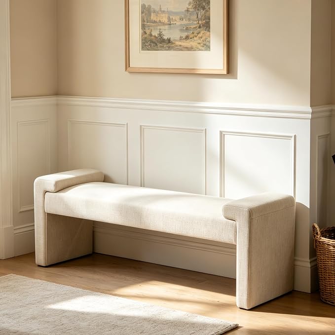 Upholstered Entryway Bench, 58.7" Modern Bedroom Bench, Camel | Curved Armrests by CACFTII