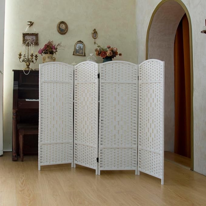 Compact 4 Panel Short Room Divider, 47.2 Inch Tall Double-Sided Rattan Folding by PawlaBay