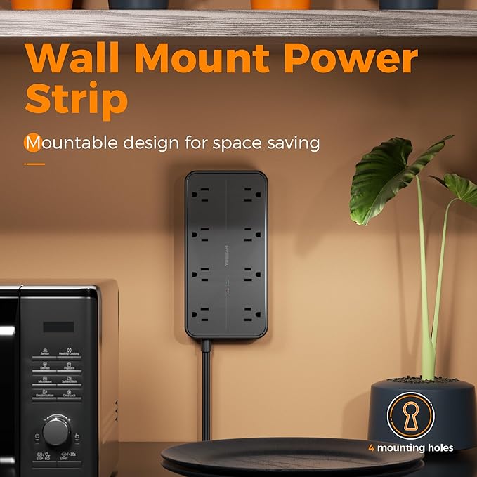 Surge Protector Power Strip, TESSAN Flat Plug Extension Cord with 8 Outlets 3 USB Ports(1 USB C), 1080 Joules Protection, 6 Ft, Wall Mountable Charging Station for Home Office Dorm Room Essentials