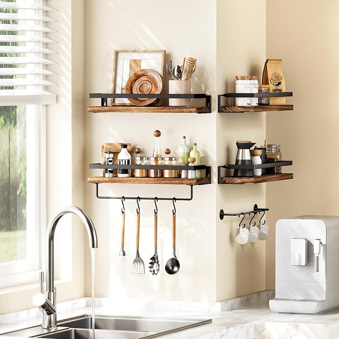 Amada Bathroom Shelves with Towel Bar, Rustic Brown | Floating Shelves with - Image 6