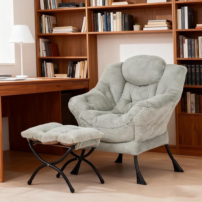 Welnow Lazy Chair with Ottoman, Reading Chair with Footrest, Plush Green | A - Image 2